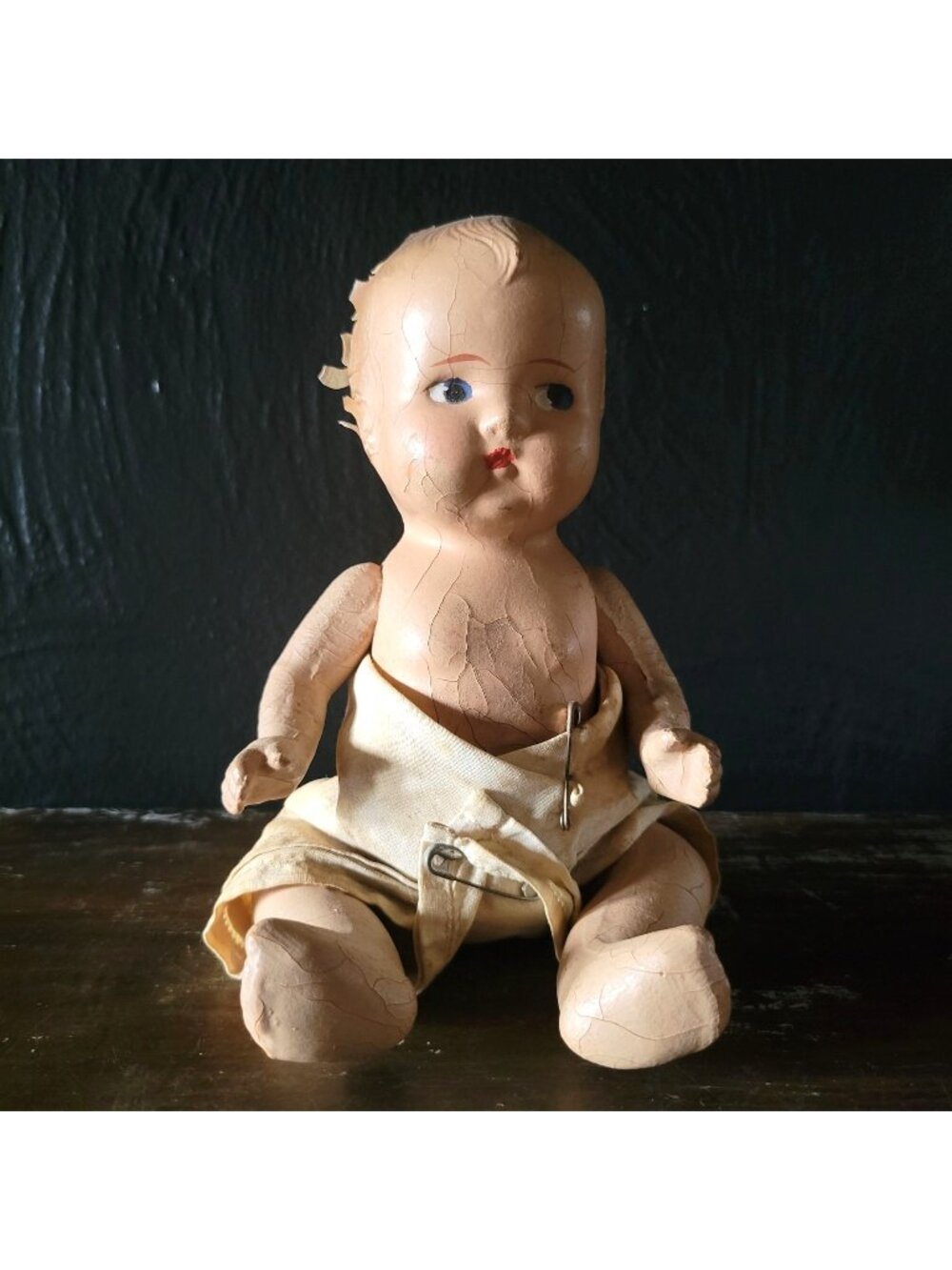 Antique Composition Doll w/Diaper Creepy Doll Spooky Halloween Decor Distressed